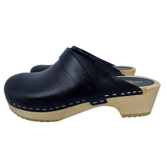 Swedish Hasbeens Women's Husband Black Leather Wooden Sole Clogs SZ EU 36 , US 6 - Picture 5 of 14